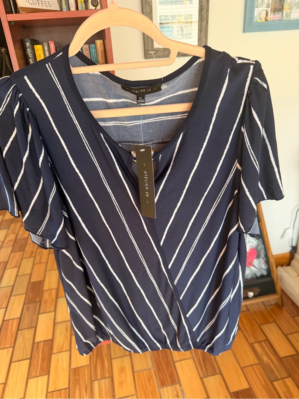 Navy & White Diagonal Wrap Blouse